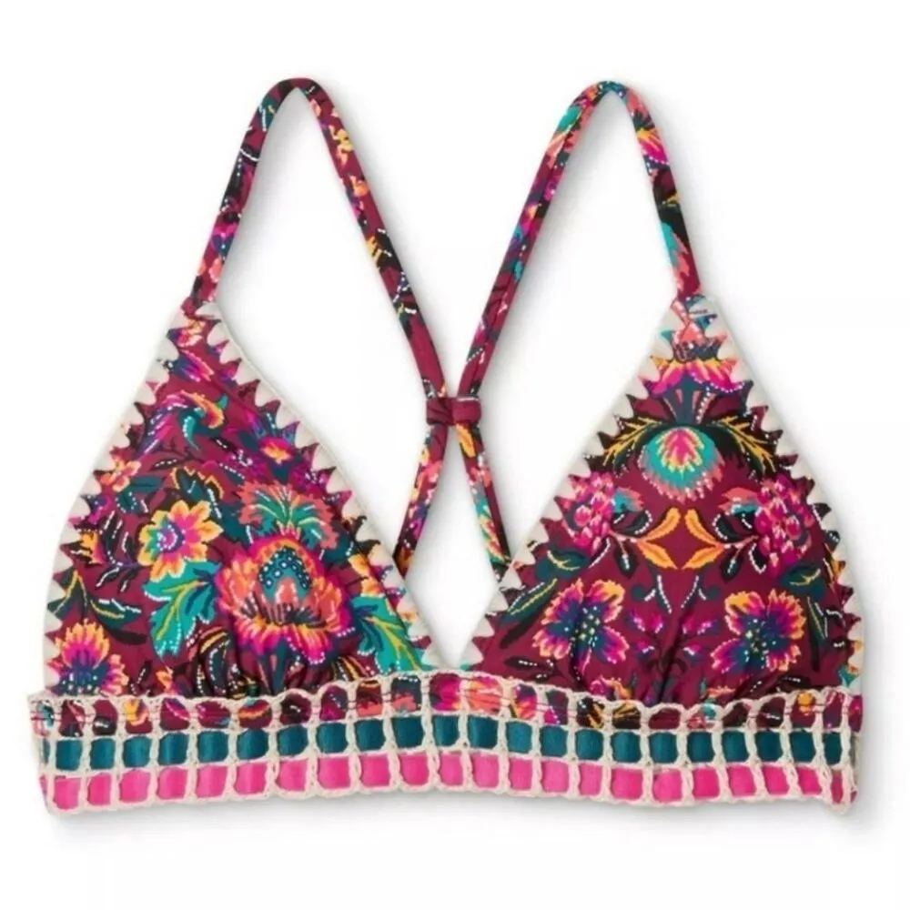Sangria Floral Crochet Removable Pads Triangle Racerback Bikini Top Only L - Image 2