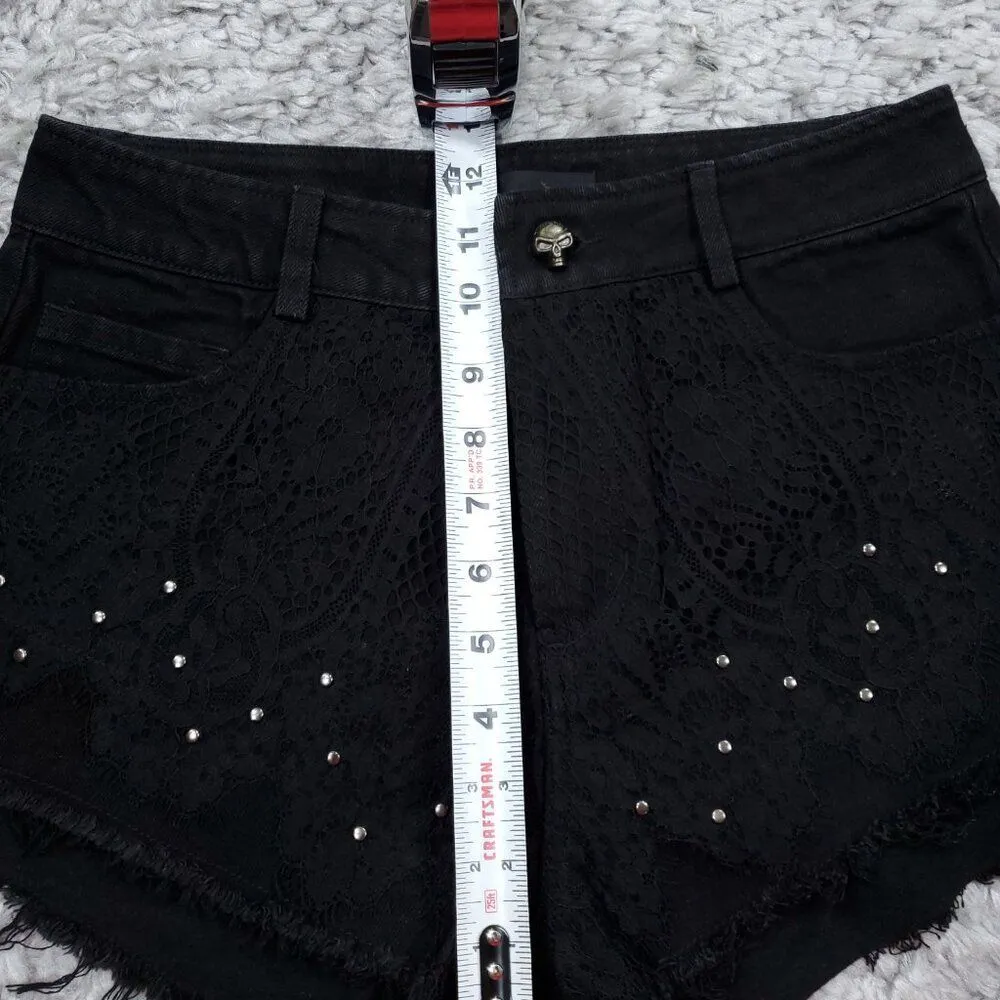 READ Punk Rave Studded Lace Overlay Black High Rise Denim Jean Shorts Cutoff Size undefined - Image 10