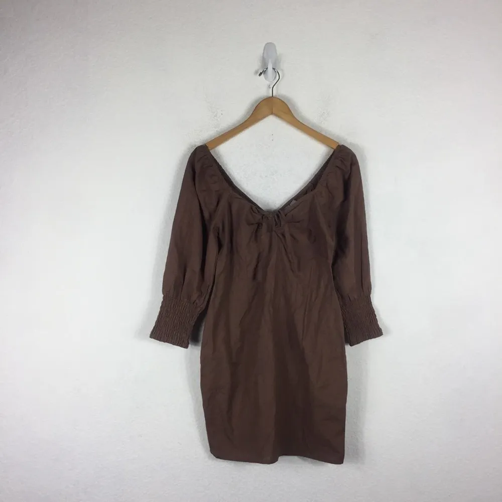 NWT ASOS Design Brown Linen Puff Sleeve Ruched Front Mini Dress Size 8 - Image 4
