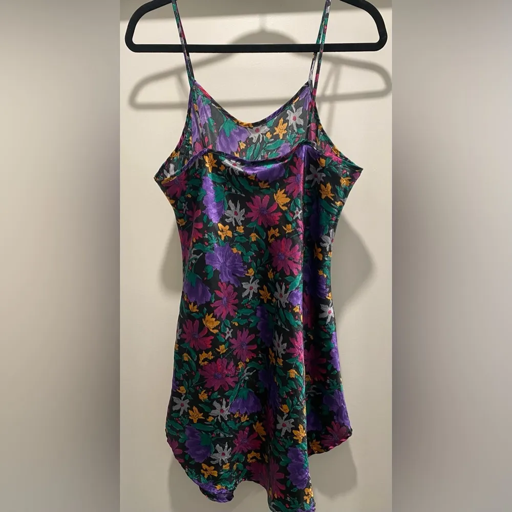 VTG 90s 80s Inner Most Black Purple Green Multicolor Floral Slip Cami Mini Dress - Image 11