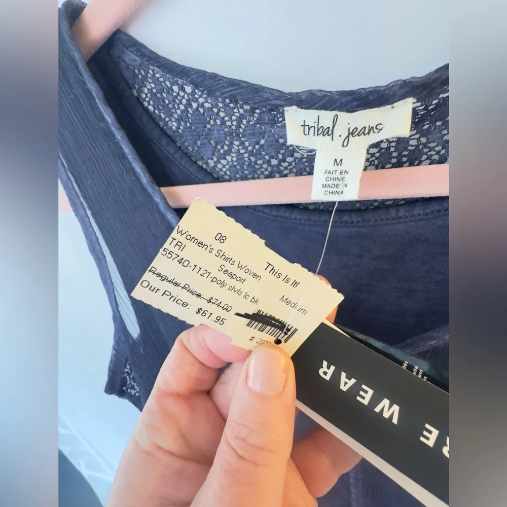 Tribal Jeans Woven Seaport Navy V Neck Sleeveless Lace Back Tank size medium NWT Blue - Image 10