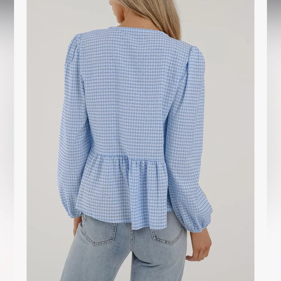 NWOT PRETTYGARDEN Babydoll Peplum Blouse Shirt Puff Long Sleeve Bow Tie Front XL - Image 2