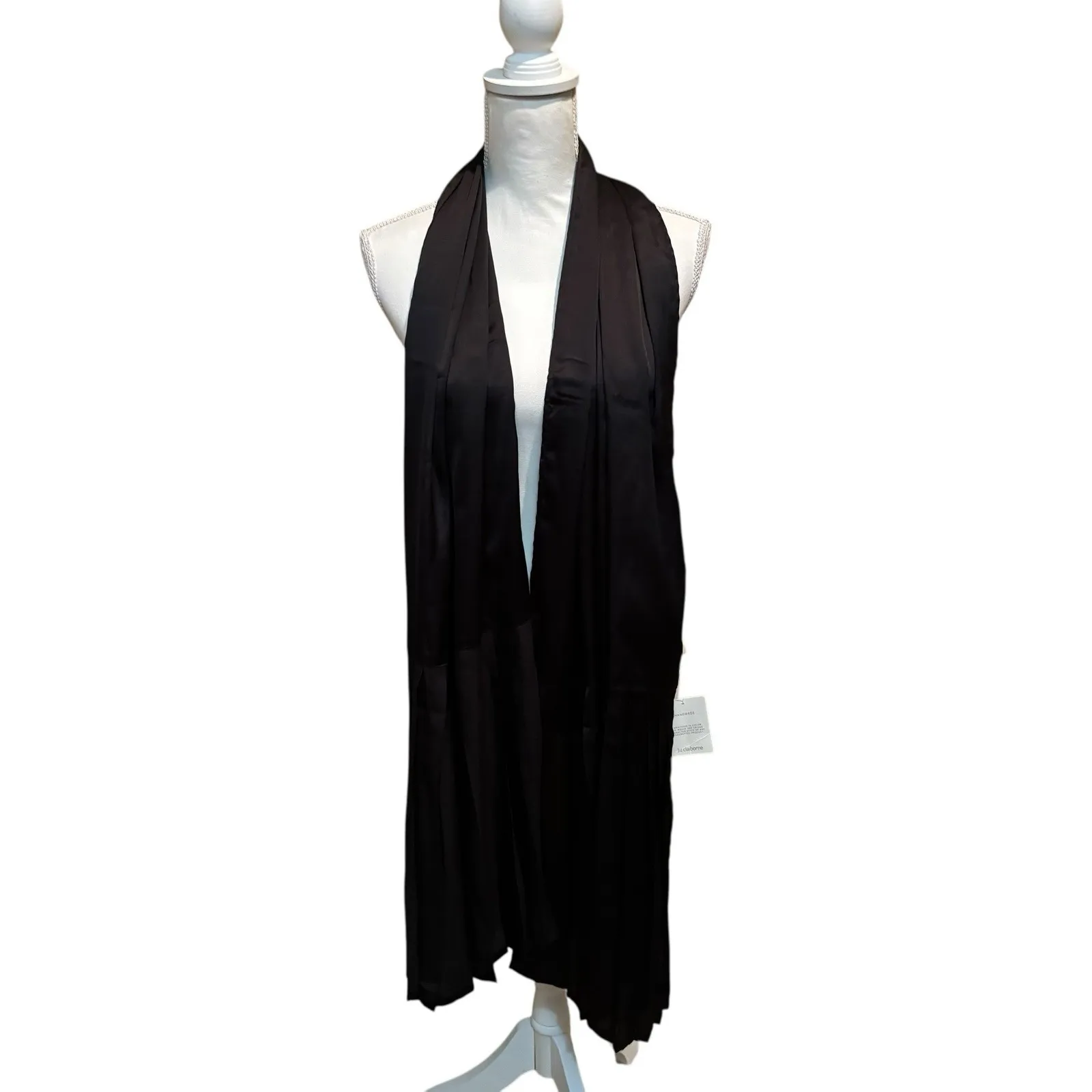 Liz Claiborne Black Satin Pleated Hem Scarf Wrap Shawl NWT Long Elegant Handmade - Image 2
