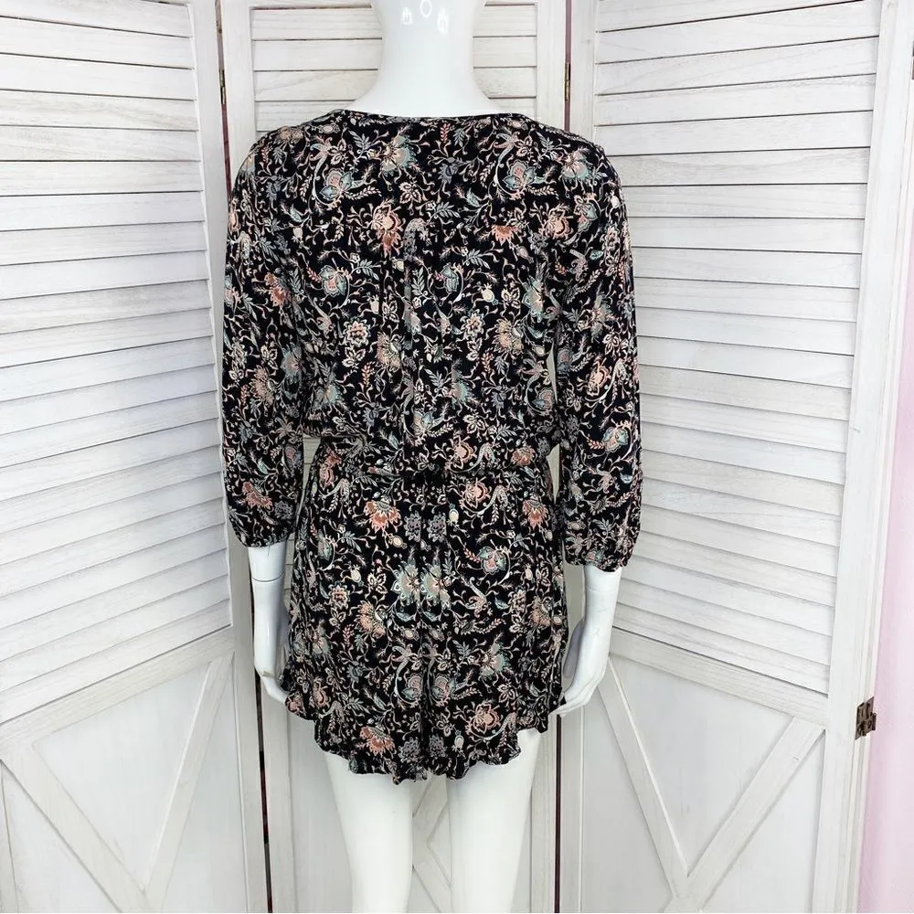 Mossimo Romper Floral Ruffle Hem Black Multi Small 3/4 Sleeve - Image 4