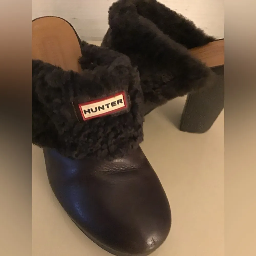 Hunter Original women brown leather fur trim Bruson mule shoes US 7.5 Euro 38 - Image 7