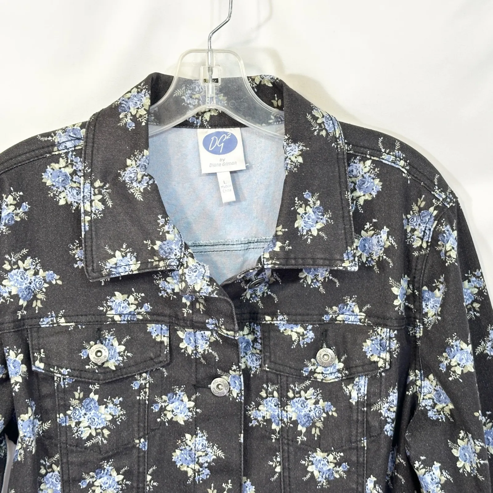 DG2 Diane Gilman‎ Large Denim Jacket Ditsy Floral Jean Jacket Blue Black 1279 - Image 10