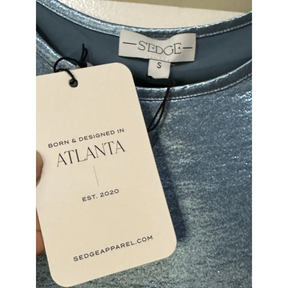 S'EDGE Easton Dress Metallic Blue Sateen Size Small NWT Tiered Short Sleeves - Image 8