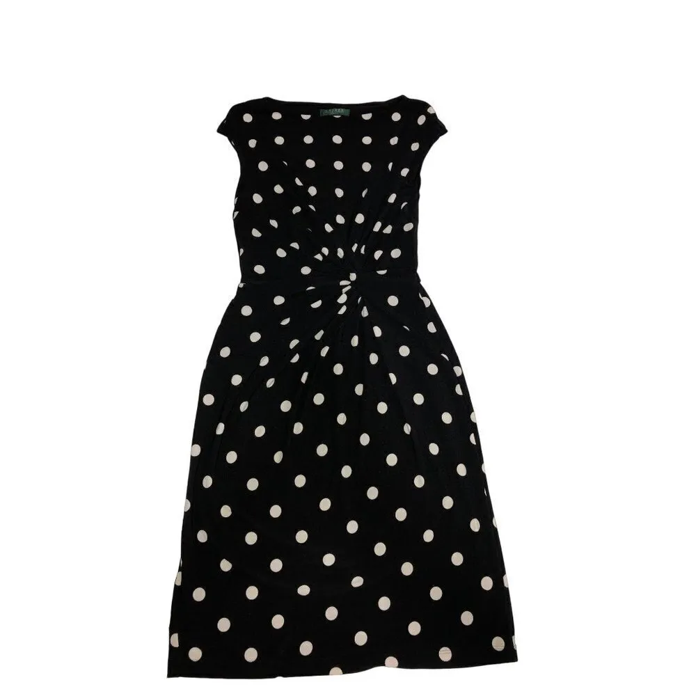 Polka Dot Dress Ralph Lauren LRL Size 8 Cap Sleeve Black White Twist Knot Slinky - Image 3