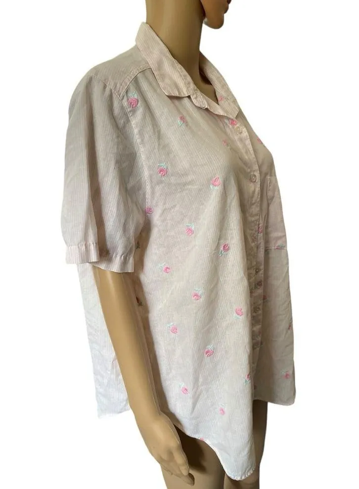 Alfred Dunner Vintage 80s Pink White Striped Cottagecore Embroidered Floral Top - Image 5