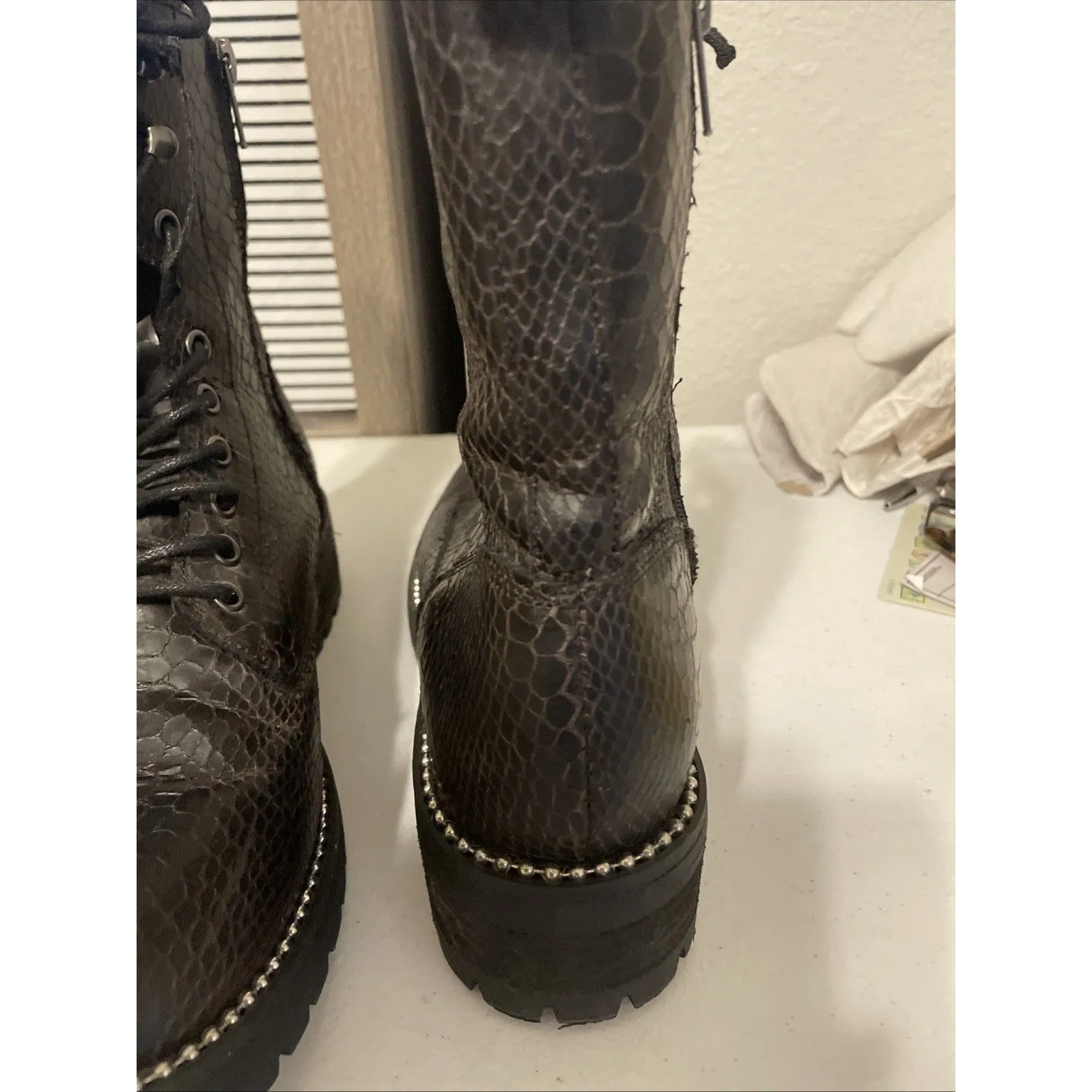 Very G Combat Moto Boots Womens Size 9.5 Black Studded Lace Up Zip - Image 7