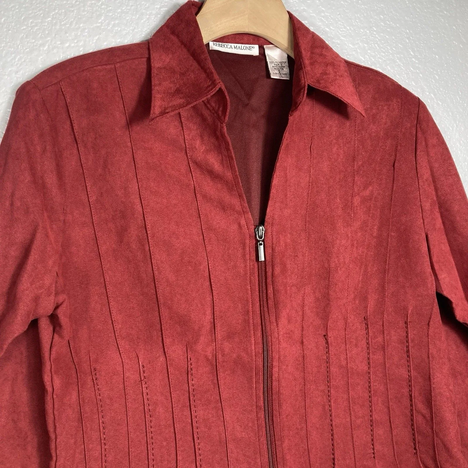 Rebecca Malone Womens Faux Suede Shirt Jacket S Zip Up Western Dark Red Ribbed - Image 2