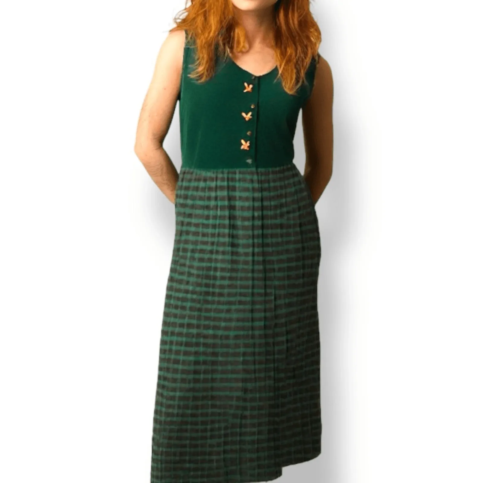 Vintage 80s Susan Bristol Green Plaid Corduroy Jumper Dress Festive Embroidery - Image 10