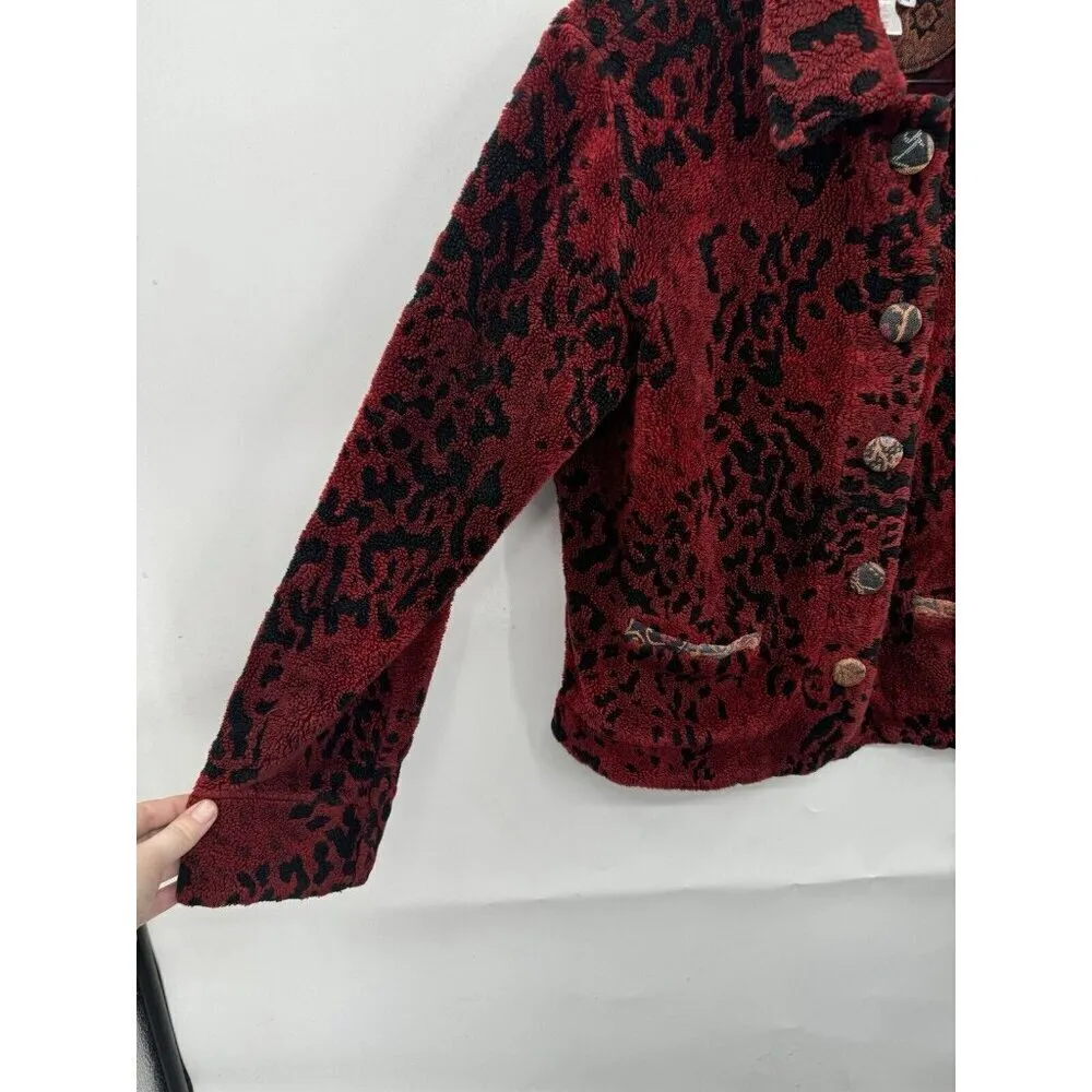 VTG‎ Coldwater Cream Fleece Jacket Women Small Red Tapestry Granny Grandmacore - Image 5