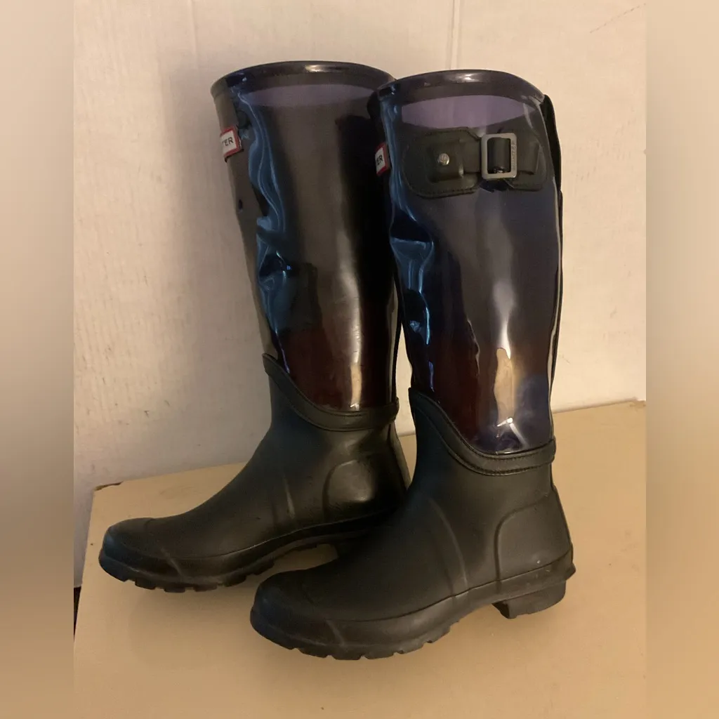 Hunter original RARE women waterproof Black and Purple tall Rain Boots size 7 - Image 12