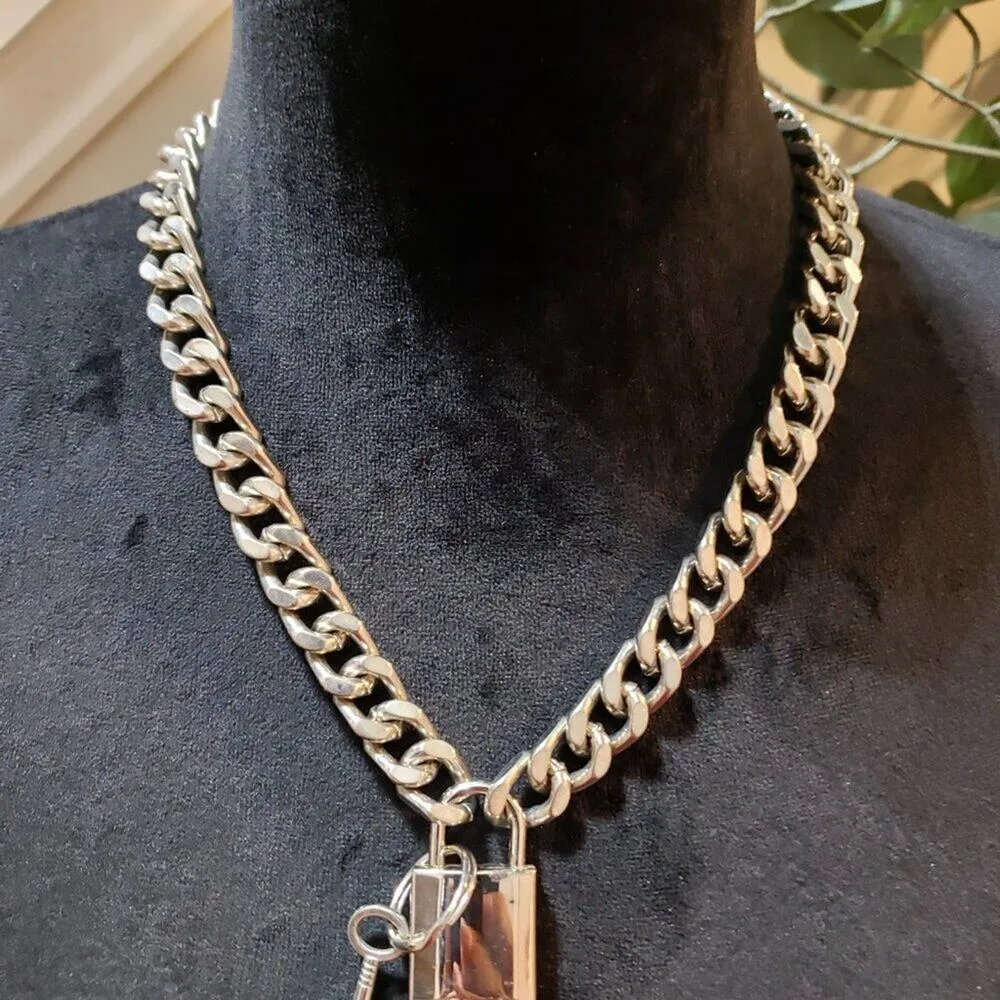 Womens Fashion Silver Tone Lock & Key Choker Necklace Jewelry with Cuban Chain - Image 2