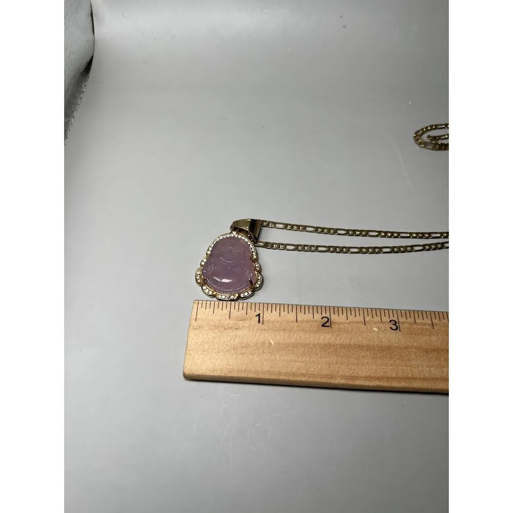 Gold Tone Buddha Pendant Necklace Pink Jade CZ Crystal Accent 24" Figaro Chain - Image 5