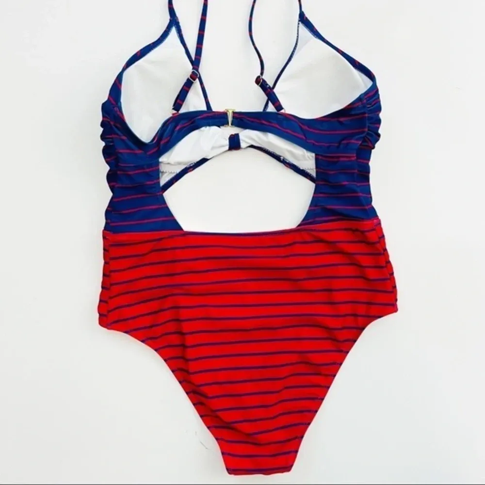 HOT WATER Fiesta Red & French Blue‎ Stripe High-Waist Monokini XL - Image 13