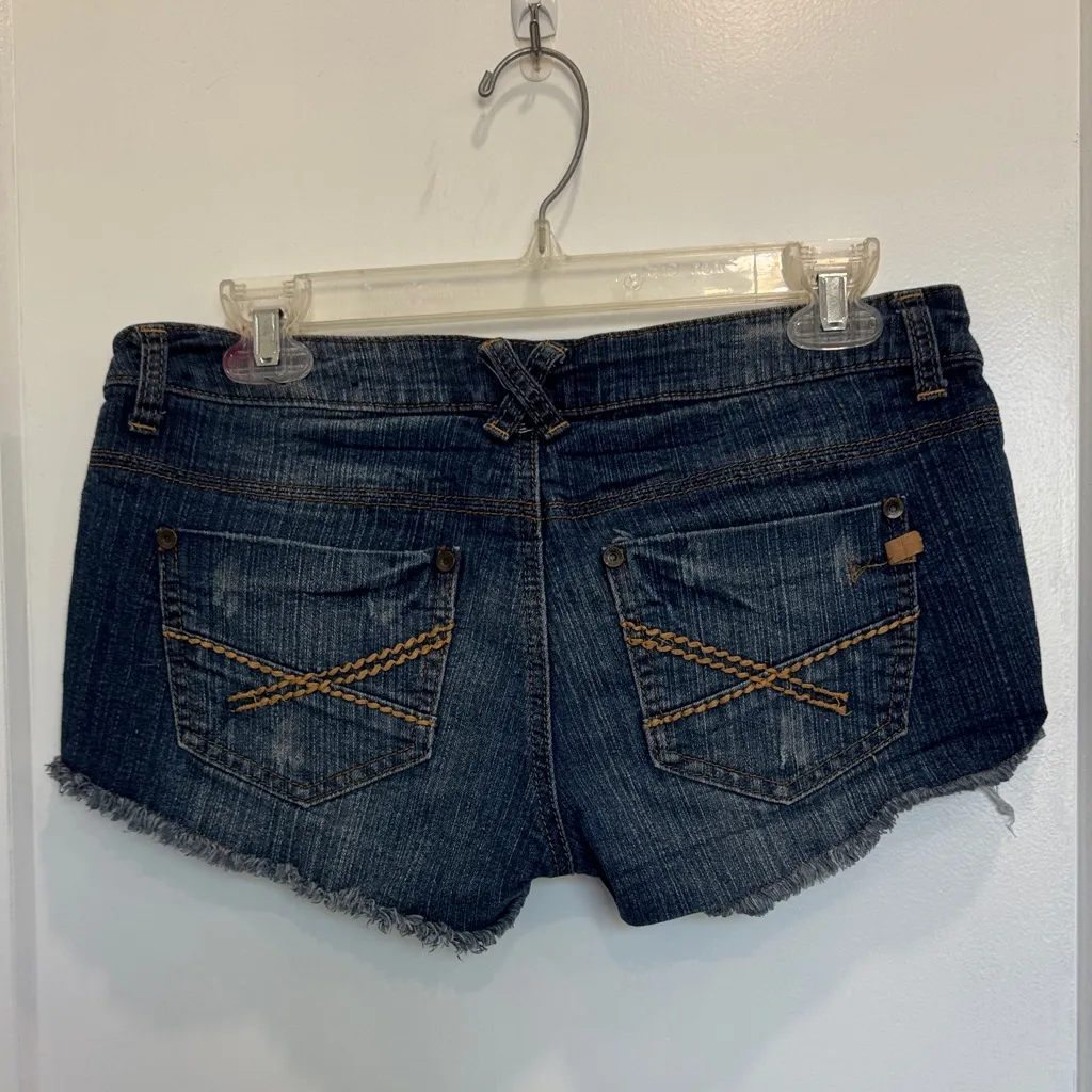Almost Famous Dark Blue Jean Shorts with Tan Stitching - Image 2