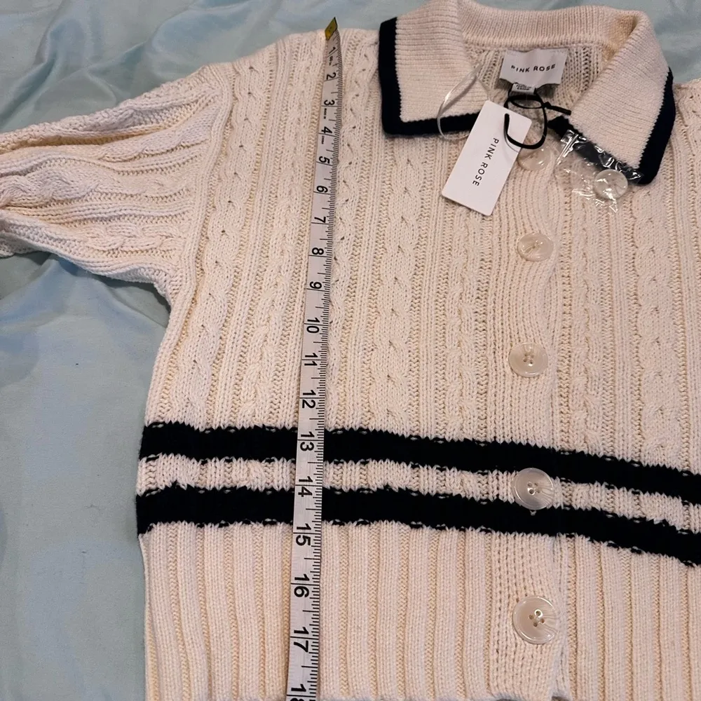 NWT Pink Rose Preppy Cream & Navy  Cable Knit Collared Cardigan. Ribbed Hem XS. - Image 3