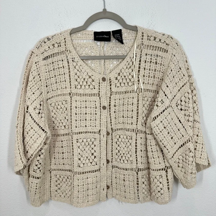 LIV LOS ANGELES Cream Patchwork Crochet Knit Open Front Cardigan Sweater Tan Size 1X - Image 3
