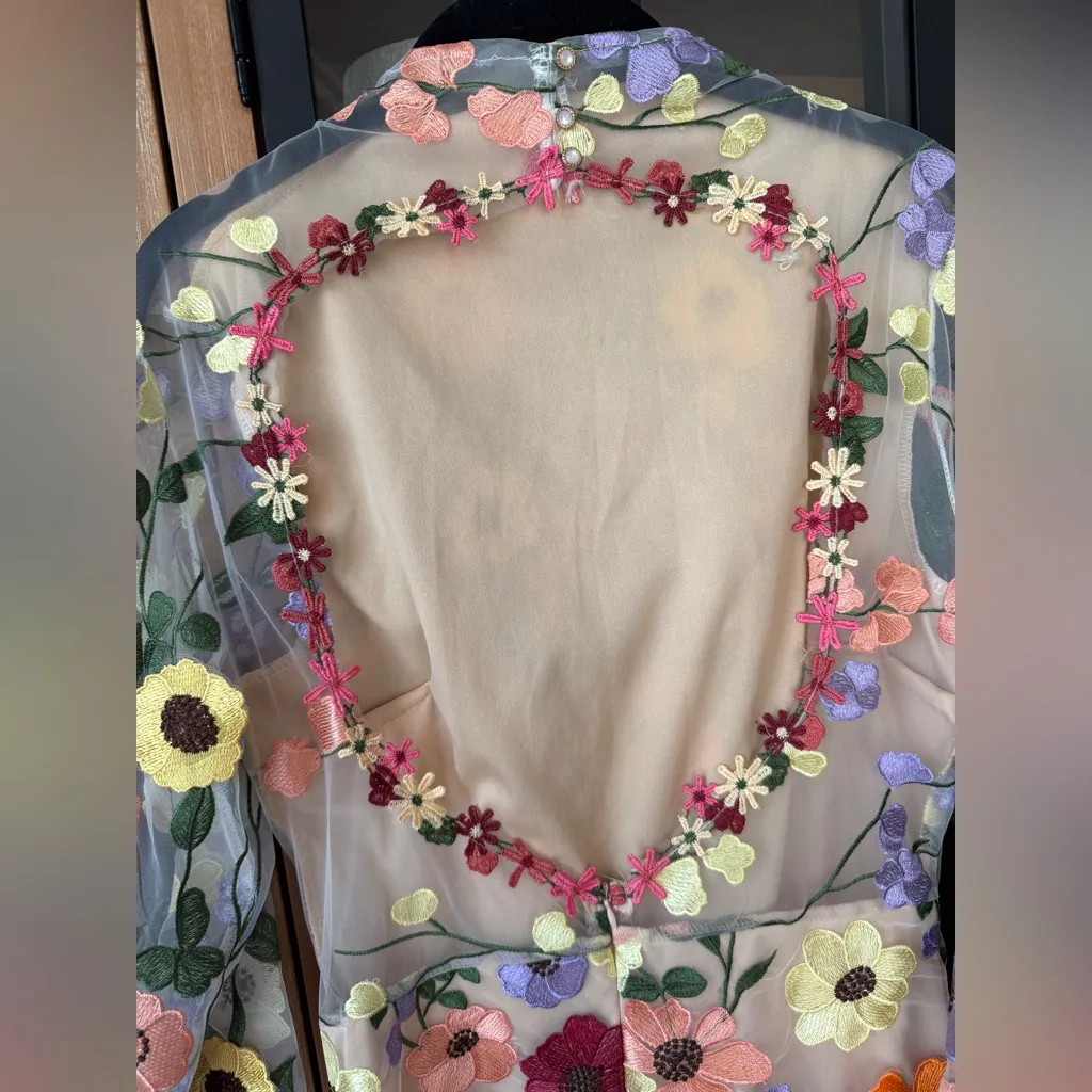 3D flowers appliqué dress long sleeve mesh mock neck mini Oscarrenta embroidered - Image 6