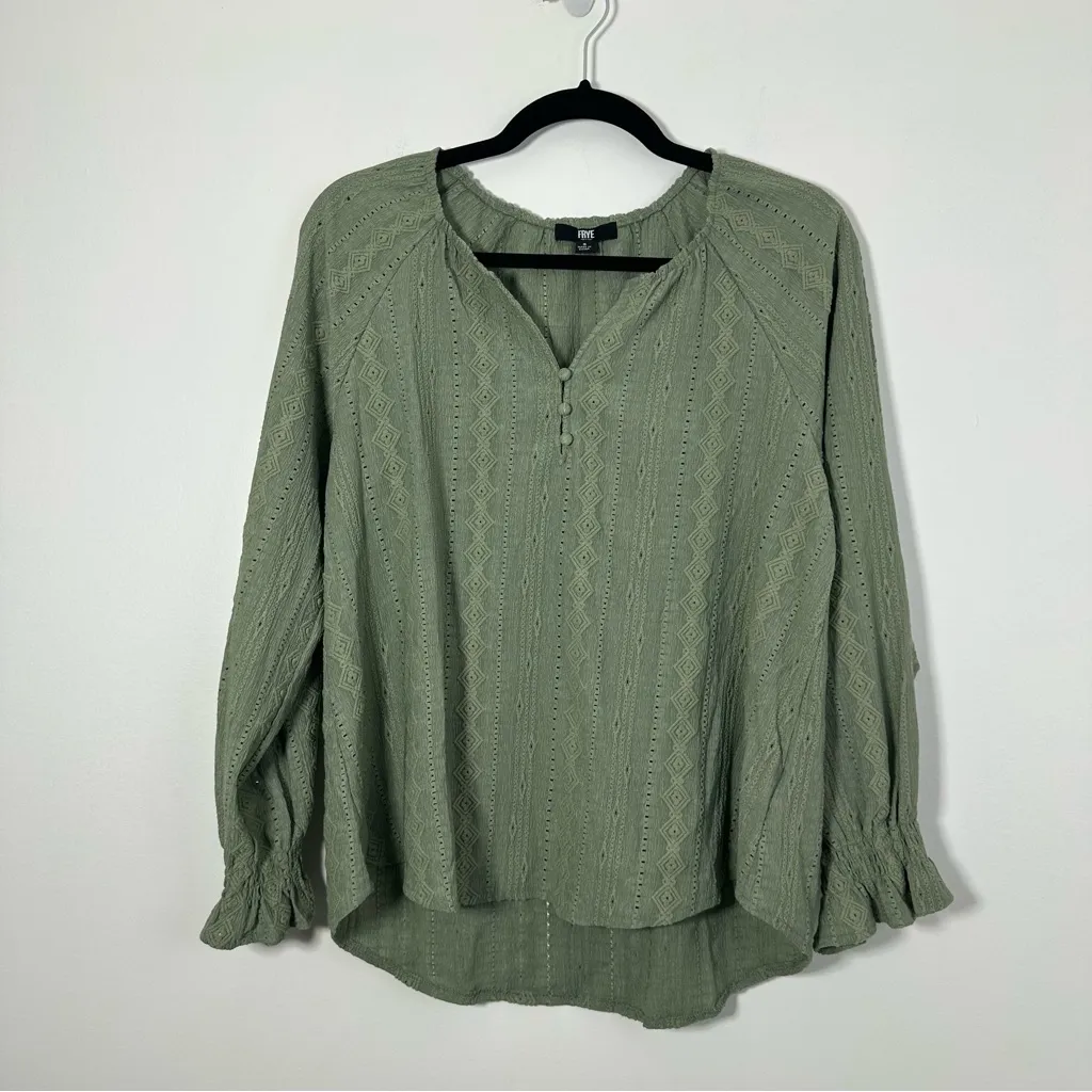 Frye Embroidered Boho Blouse Smocked Cuff Split Neck Green Long Sleeve S NWT - Image 3