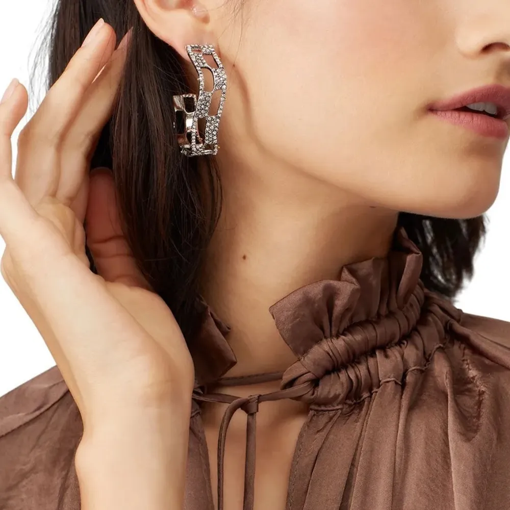 Alexis Bittar 10K White Gold Plated Crystal Hoop Earrings Pavé Checkered Hoops - Image 2