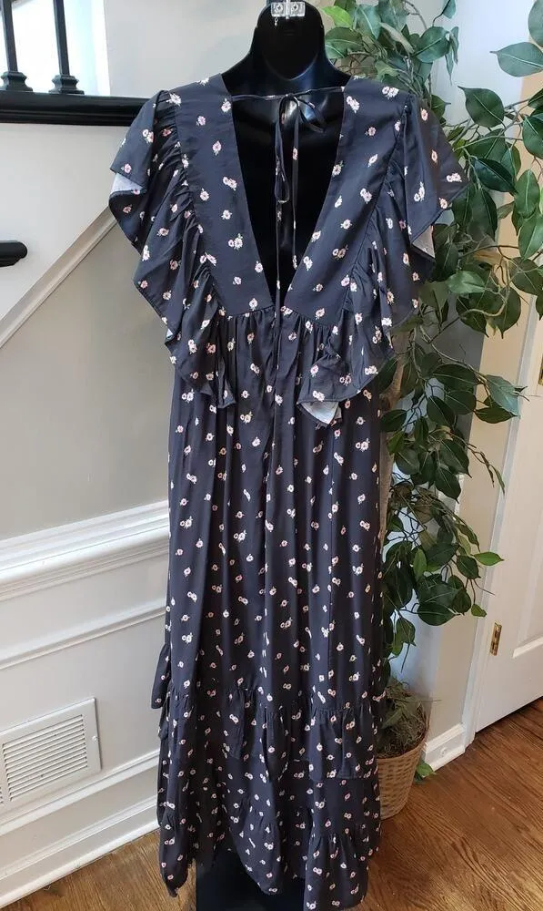 Forever 21 Long Maxi Dress Women's S Black Floral Butterfly Sleeve Plunge V Neck - Image 3