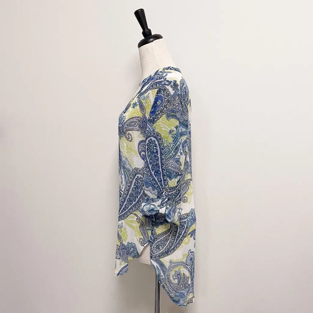 Chicos White Blue Arielle Sheer Paisley Roll Tab V Neck Tunic 0 Small Oversized - Image 5