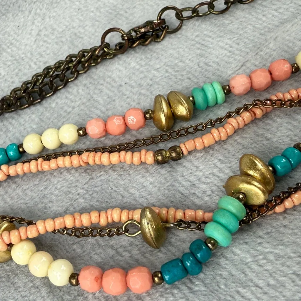 Beaded Multicolor Pendant Necklace Coral Turquoise Gold Colors Shell Accents - Image 13