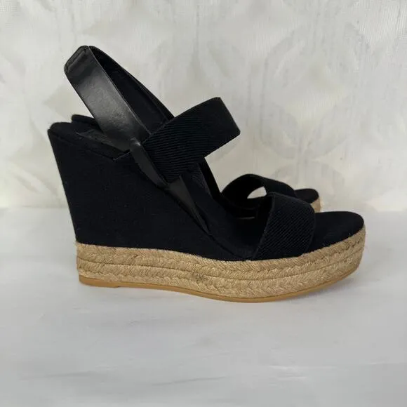 Tory Burch‎ Black 2 Band Canvas Wedge Sandals Size 7 - Image 3