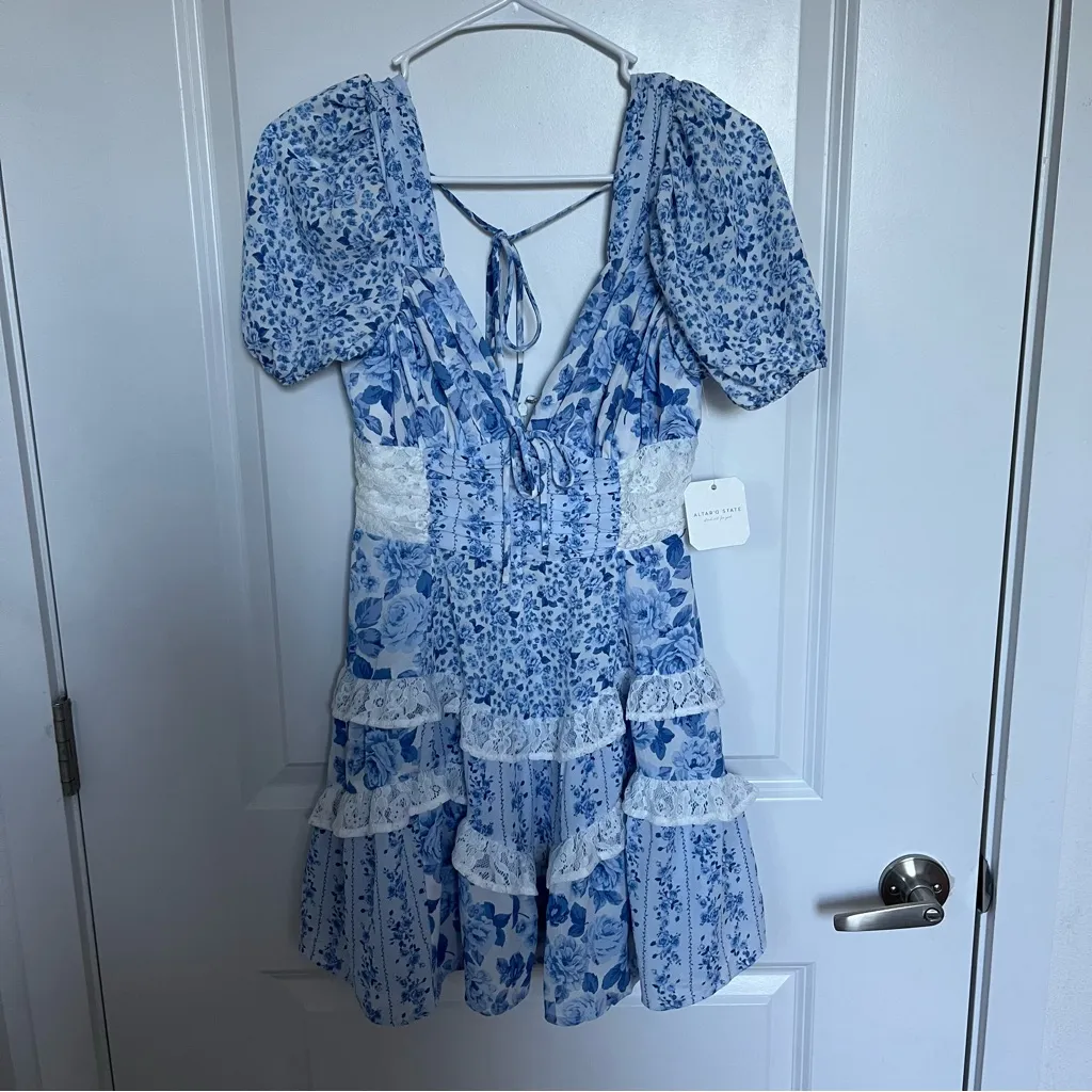 NEW Altar’d State Blue Aderny Floral Mini Dress Size XL Available - Image 8