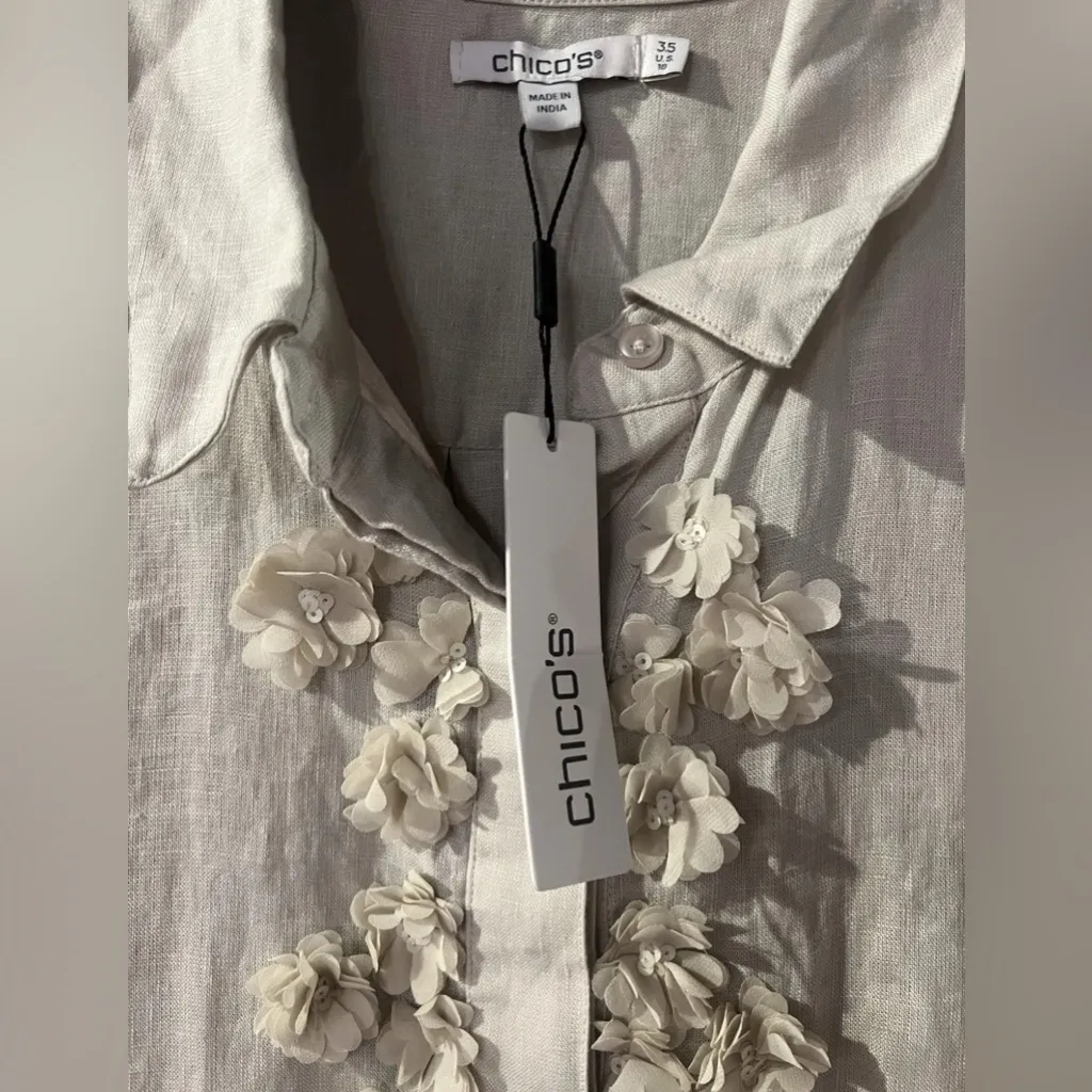NWT Chico's Linen Shirt Sz3.5 XL US18 Ivory Floral Applique Button Down Top $128 - Image 4