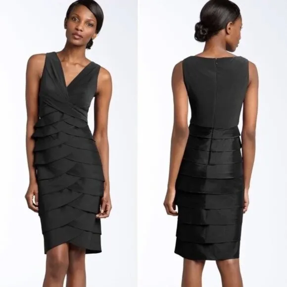 Adrianna Papell Black V-Neck Tiered Sheath Dress Party Cocktail 6 Small - Image 2