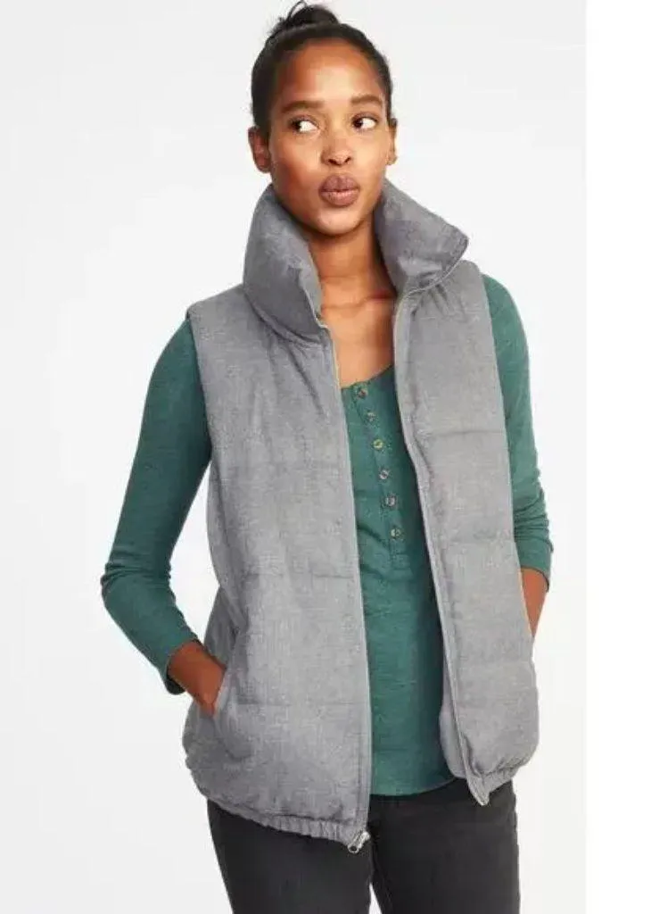 Old Navy Gray Heather Textured Frost-Free Zip Up Mock Neck Outdoor Puffer Vest - Image 6