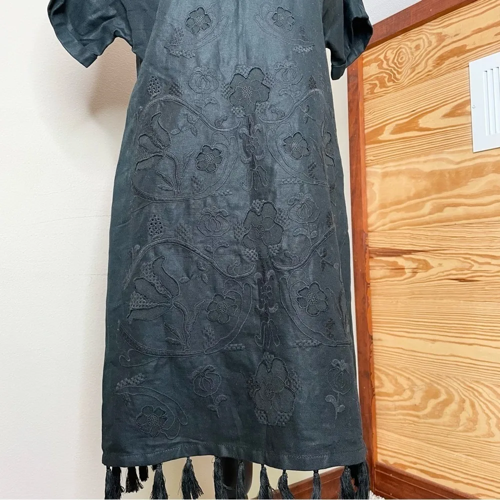 Madewell Black Linen Blend Embroidered Floral Tassel Shift Dress Extra Small - Image 6