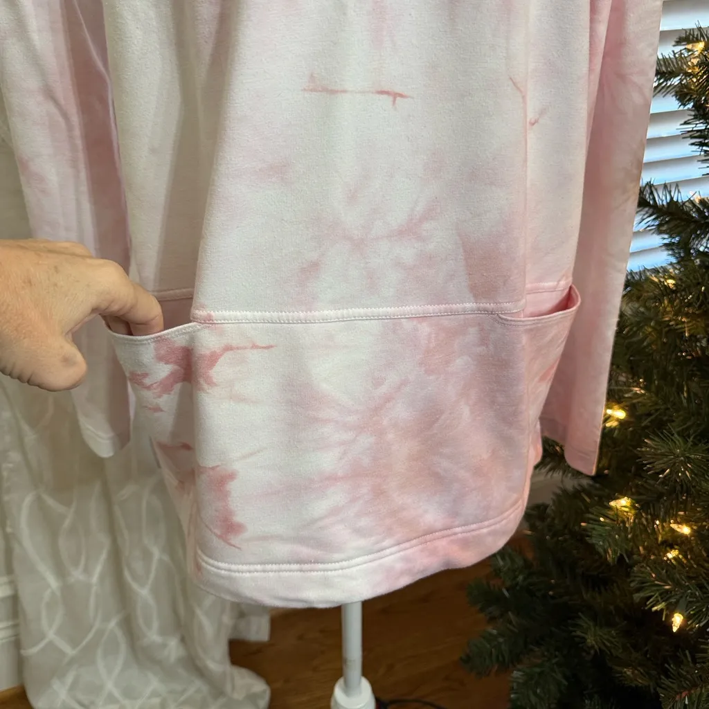 Melloday Tie Dye Hoodie Long Sleeve V Neck Pullover Pink White pockets XL - Image 3