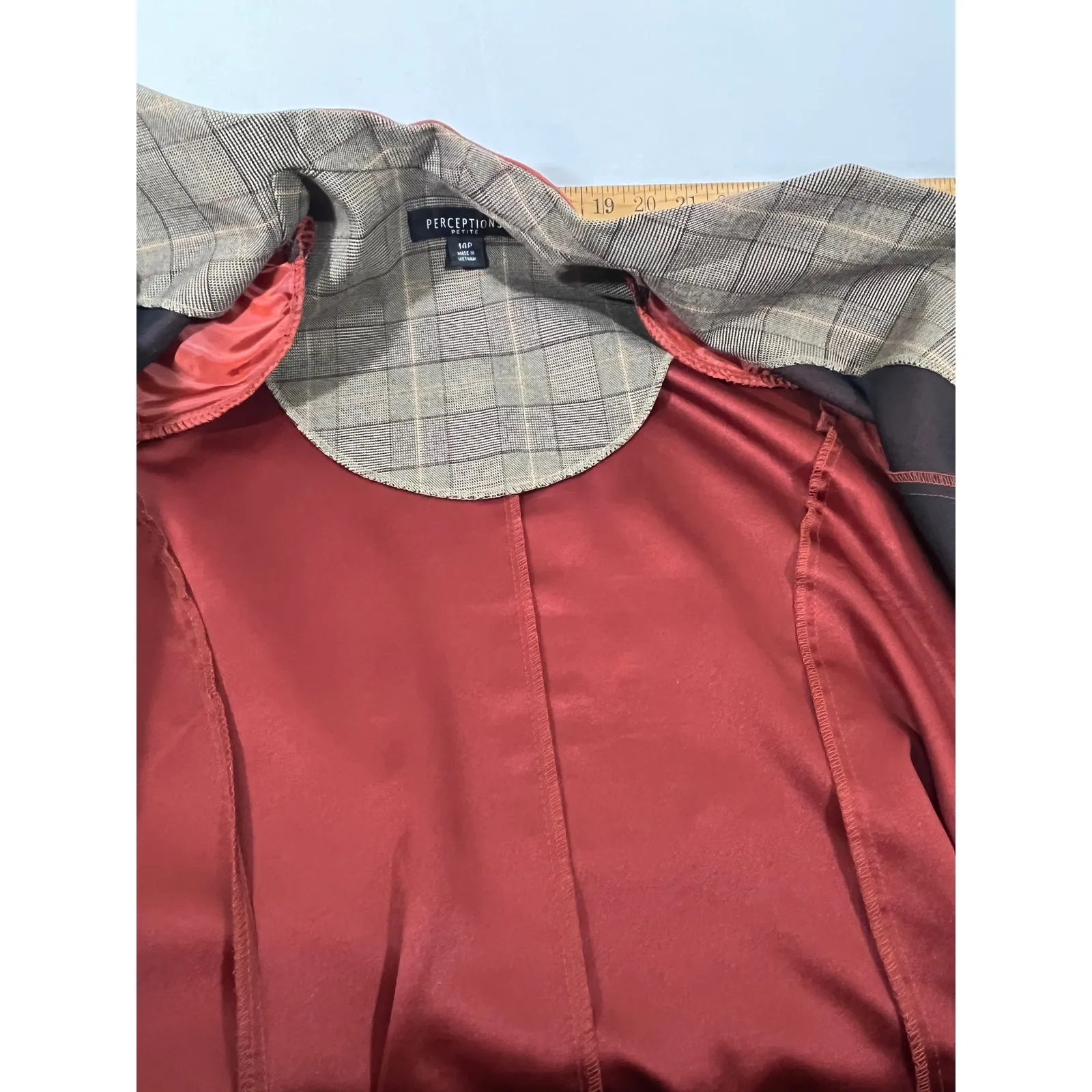 Perceptions Petite Suede Women 3 Piece Suit Collarless Jacket Plaid Rust Hue 14P Orange - Image 7