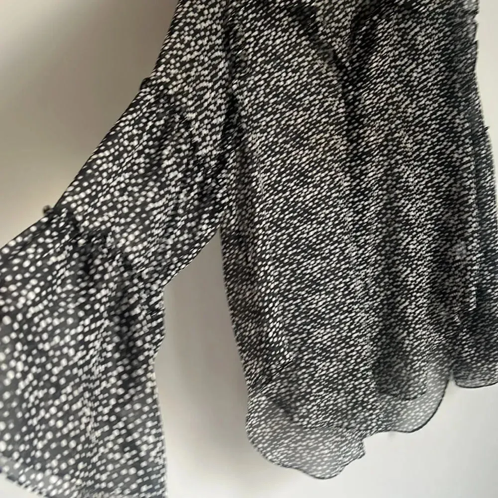 Misa Black White Polka Dot Sheer Button Up Bell Ruffle Sleeve Hi Lo Blouse - Image 3