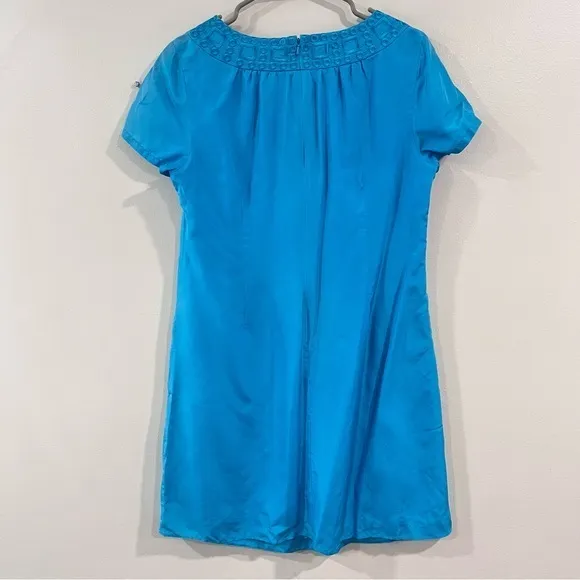 Lilly‎ Pulitzer Teal Blue Geometric Embroidery Short Sleeve Silk Dress MEDIUM - Image 6