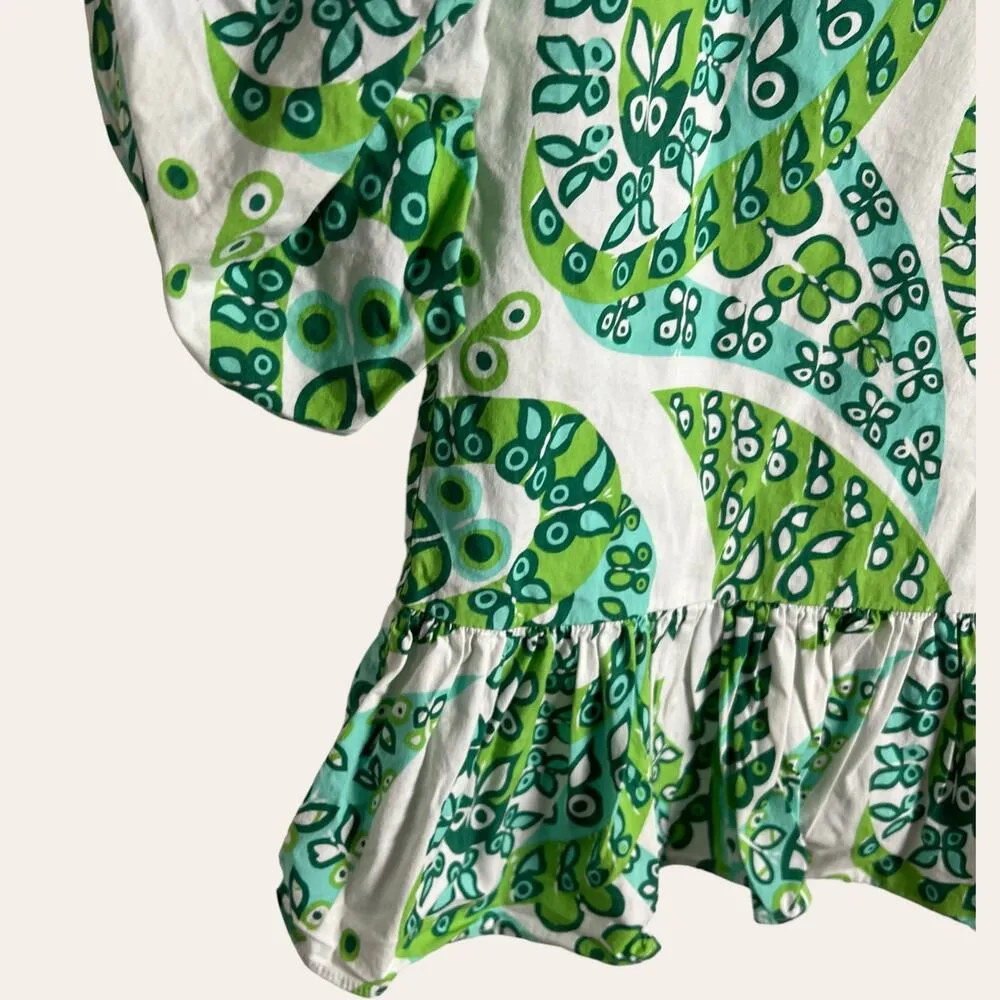 Staud Carolina Puff Sleeve Green White Tropical Floral Mini Dress Size 2 - Image 8