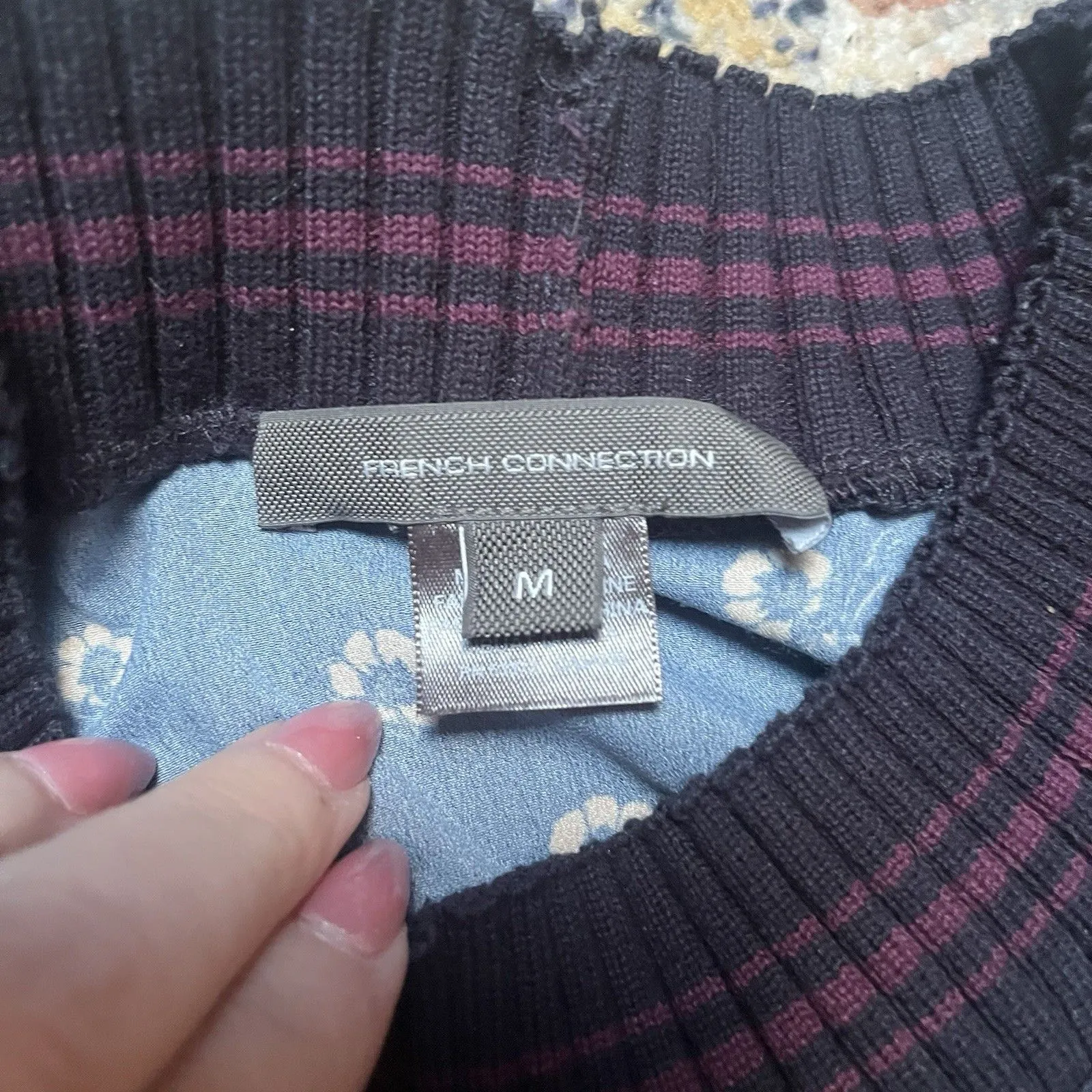 WOMENS FRENCH CONNECTION SIZE UK M NAVY MIX CREW PULLOVER BLOUSE TOP FRILL TRIM - Image 6