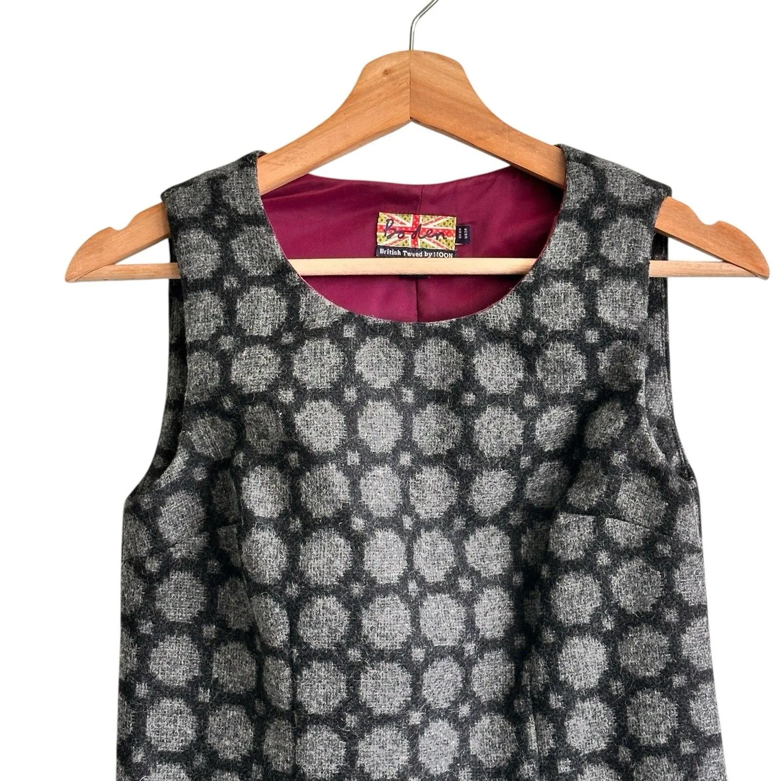 Boden british tweed By moon Wool Sleeveless Sheath Dress Geometric Gray 2 Preppy - Image 5