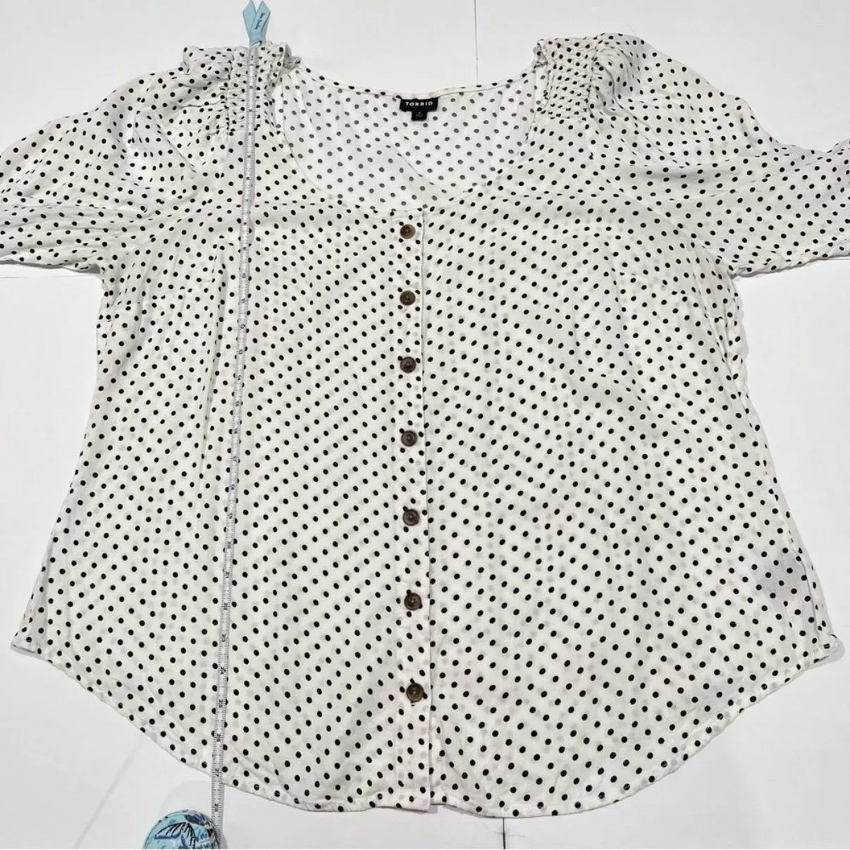 Torrid Black White Polka Dot 3/4 Sleeve Button Front Puff Sleeve Top Size 2X - Image 11