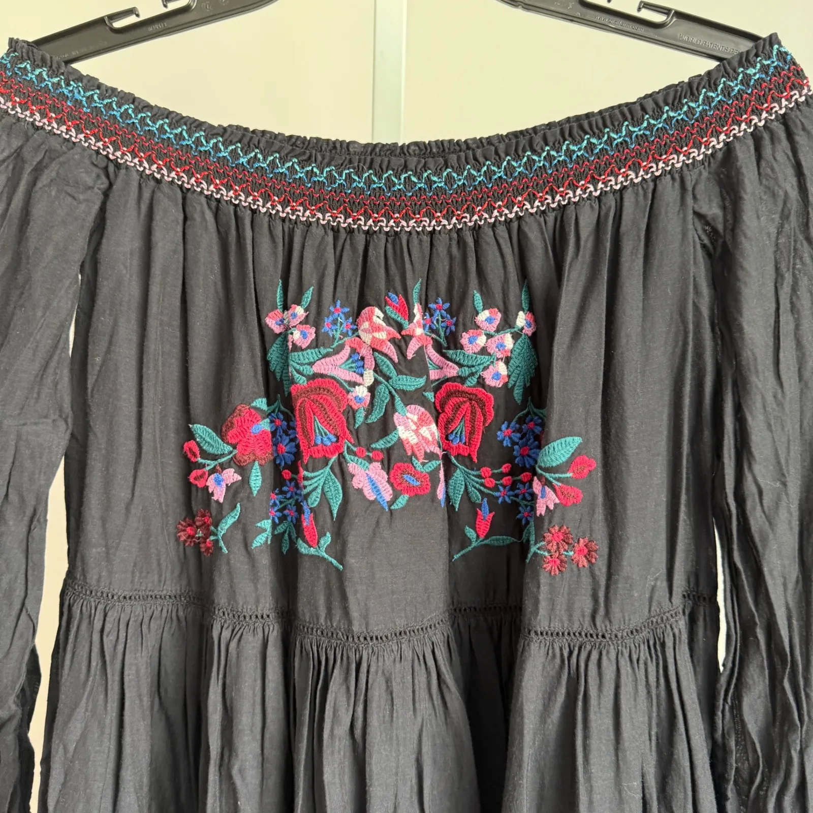 Free People Embroidered Off Shoulder Fairy Dress‎ Black Boho Peasant XS - Image 2