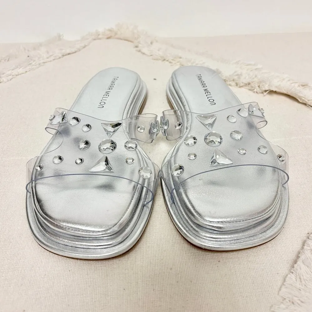 Tamara Mellon Stellaire Flat Slide Sandals Clear And Crystal Silver Women's 37.5 Size 7.5 - Image 4