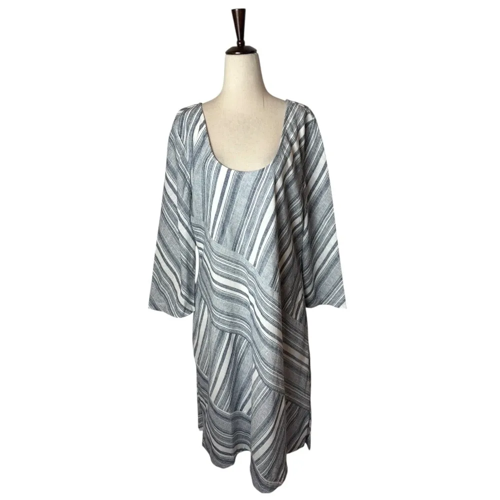Soft Surroundings Dress Women XL Blue White Stripe Sonya Linen Midi Preppy Boho - Image 3