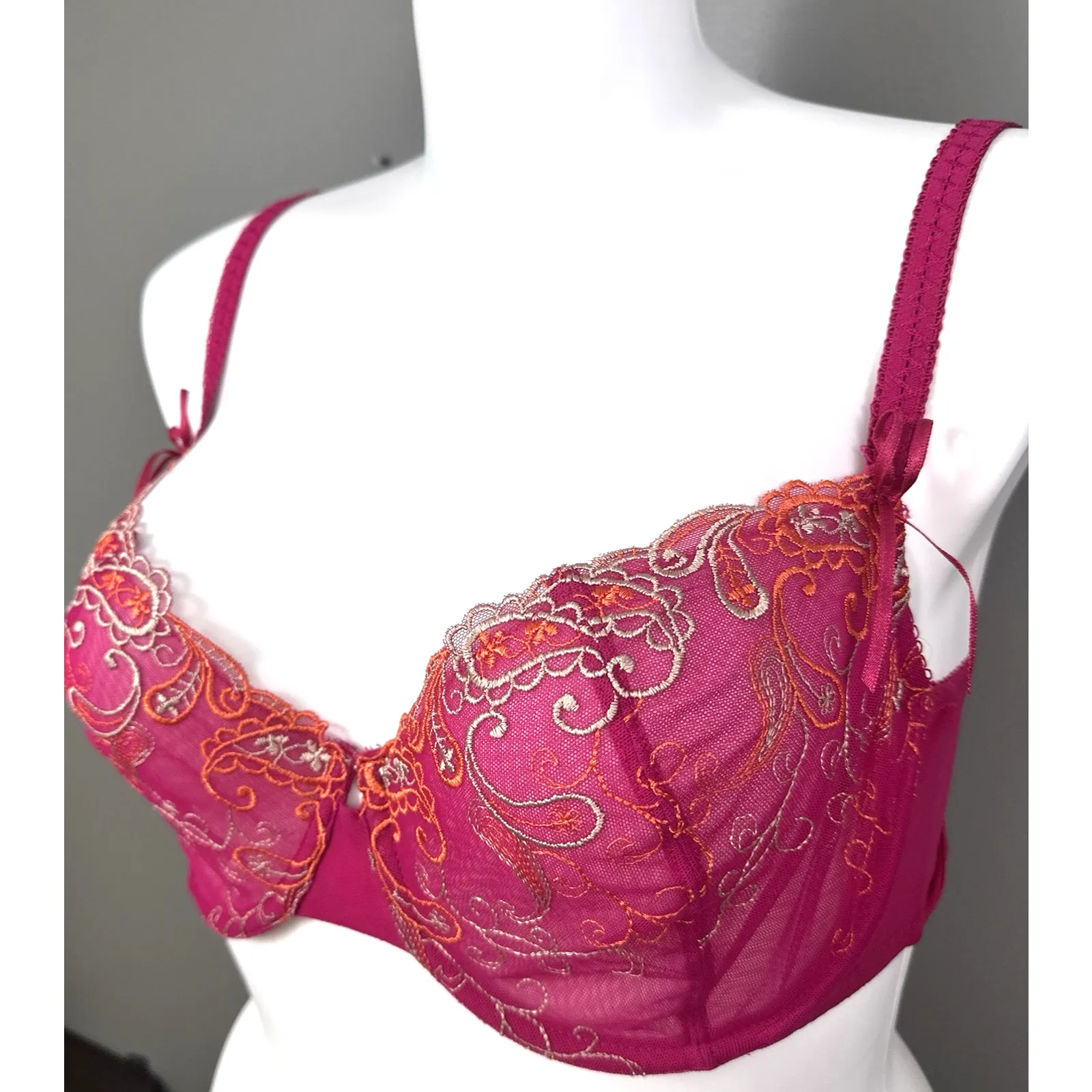 Cacique Bra Size 40D Unlined Sheer Mesh Dark Pink Bows Embroidery Underwire - Image 3