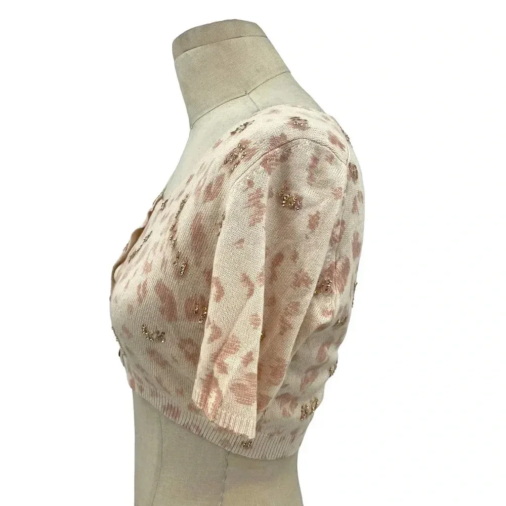 Rebecca‎ Taylor Leopard Print Beaded Embellished Cropped Cardigan Sweater Small - Image 3