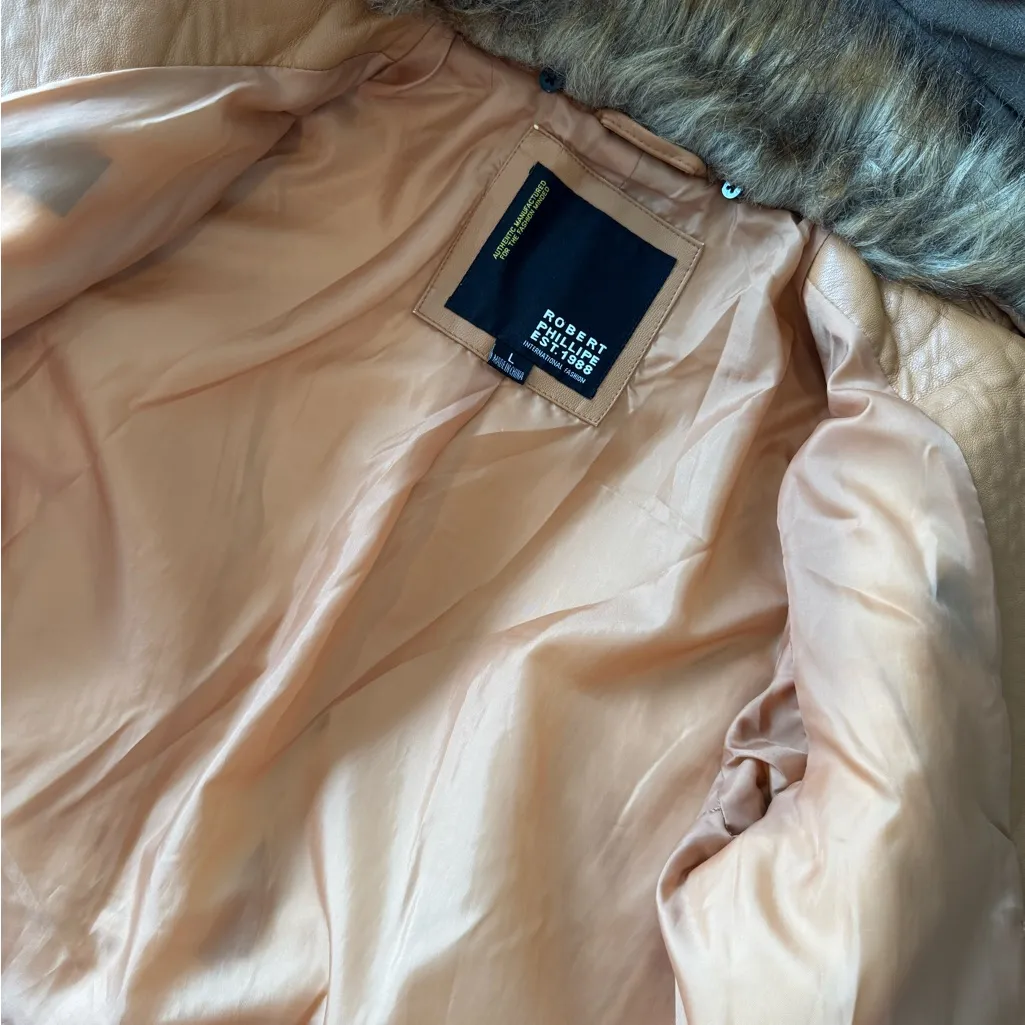 Robert Phillips Faux Leather /Fur moto jacket. Caramel sz L Y2K vintage retro Tan Size L - Image 10
